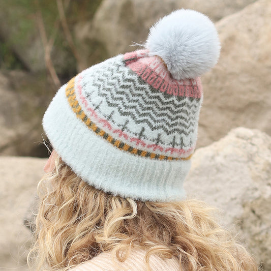 Pale Blue/Mustard Multi Pattern Hat With Pompom