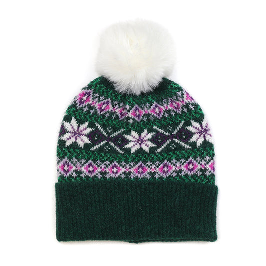 Green/Pink Starflower Pattern Hat With Pompom