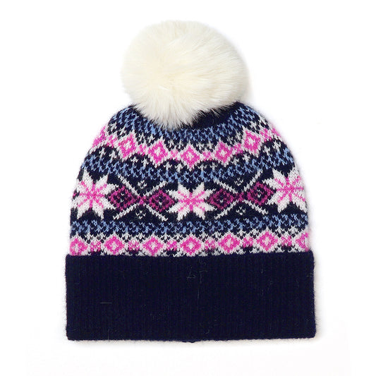 Navy Starflower Pattern Hat With Pompom