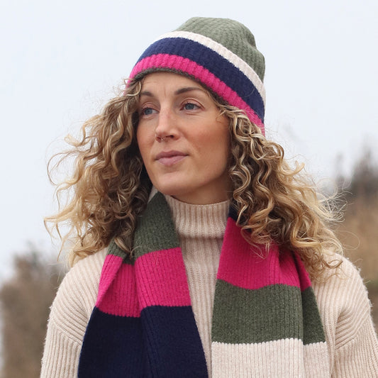Khaki, Pink & Navy Colour Block Beanie Hat