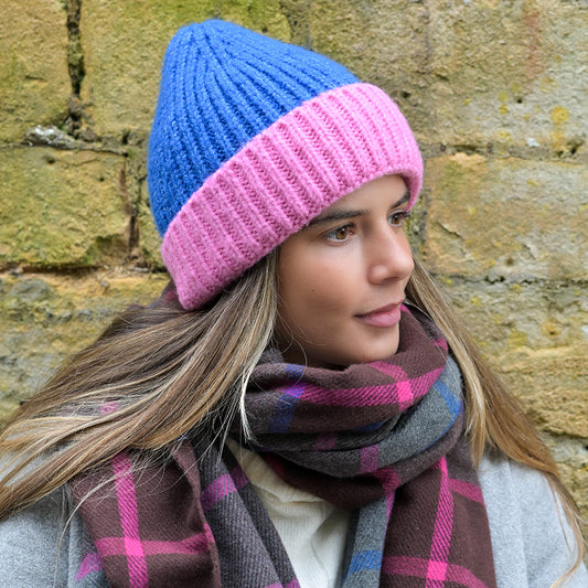 Cobalt & Pink Colour Block Beanie Hat