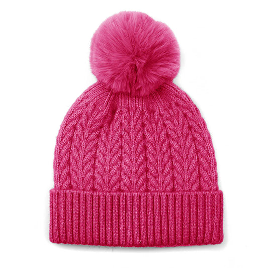Rose Pink Herringbone Cable Knit Hat With Pompom