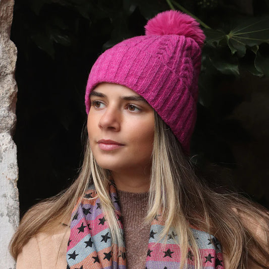 Rose Pink Herringbone Cable Knit Hat With Pompom