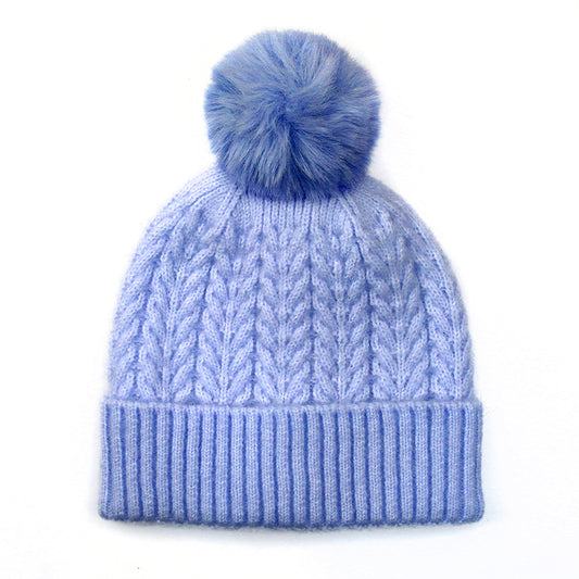 Ice Blue Herringbone Cable Knit Hat With Pompom