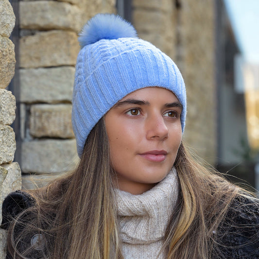 Ice Blue Herringbone Cable Knit Hat With Pompom