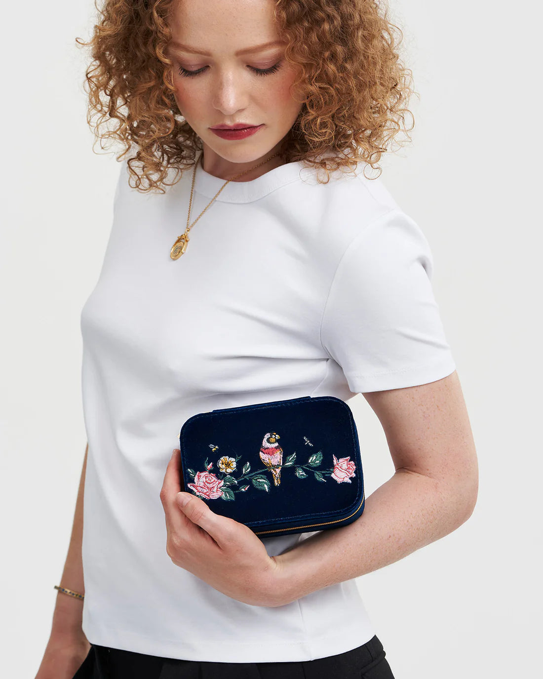 Rosy Posy Embroidered Blue Large Jewellery Box