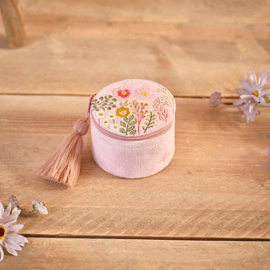 Ditsy Floral Velvet Fabric Embroidery Round Jewellery Box