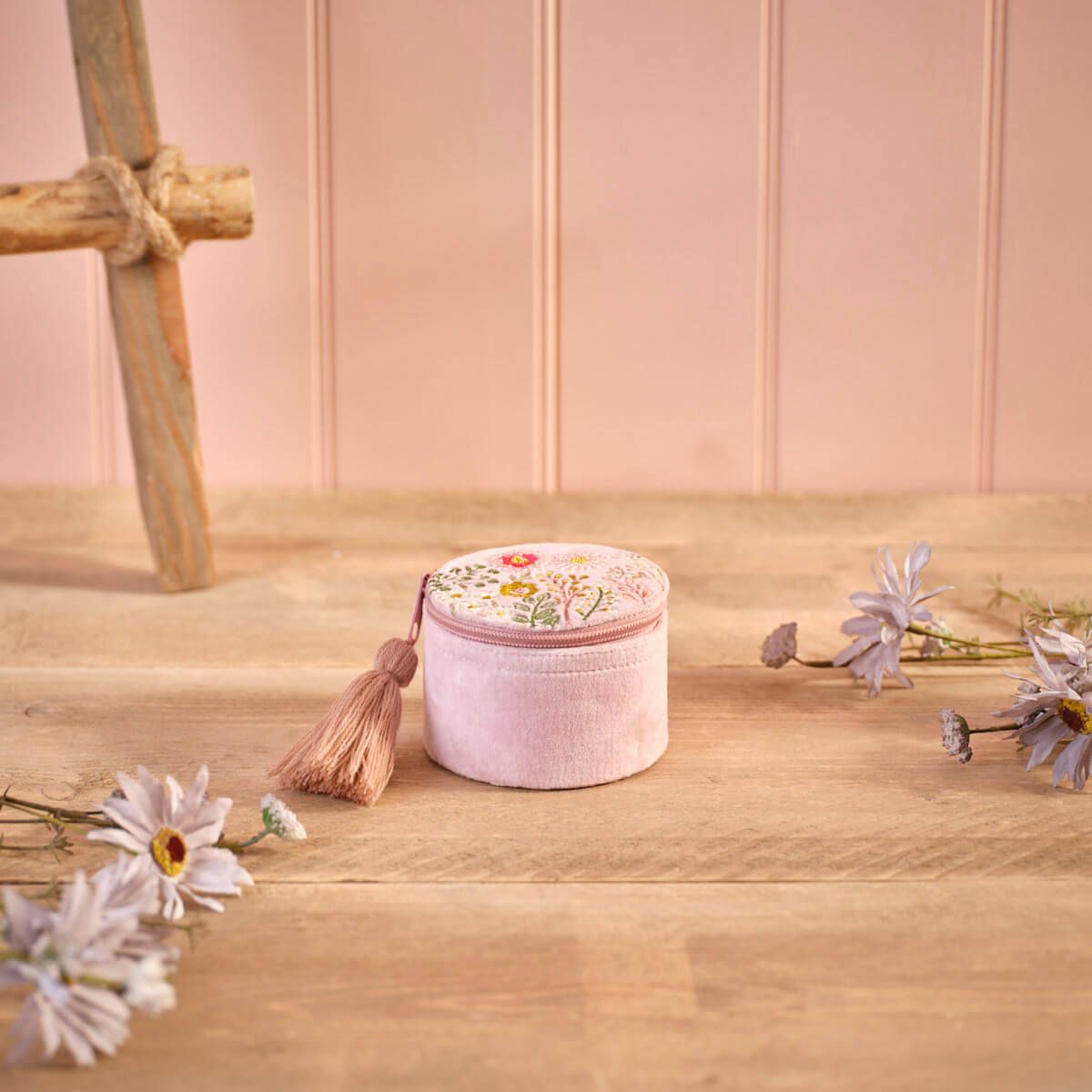 Ditsy Floral Velvet Fabric Embroidery Round Jewellery Box