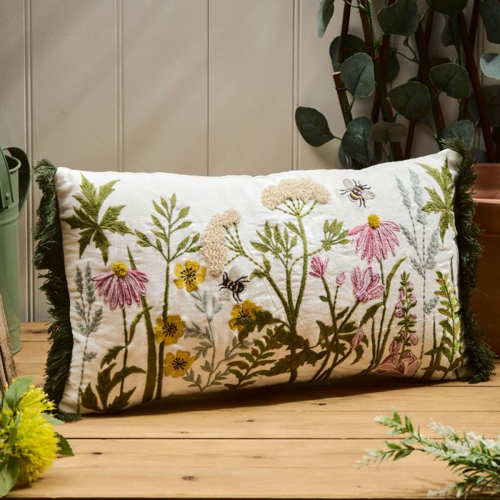 Wildflowers Embroidered Cotton Cushion