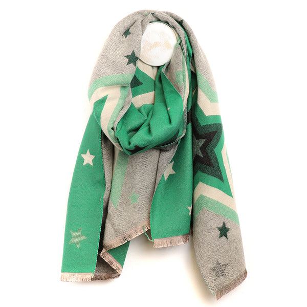 Green and Grey Bold Jacquard Star Print Scarf