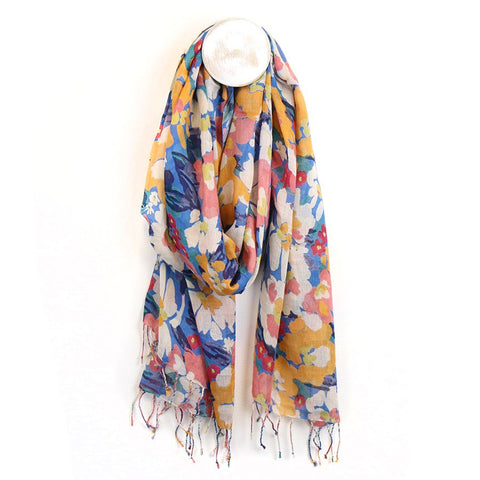 Blue and Mustard Floral Scarf with Tassels