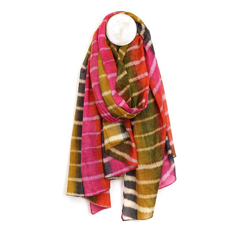 RED & OLIVE MIX DYED ORGANIC COTTON SCARF WITH BATIK STRIPES