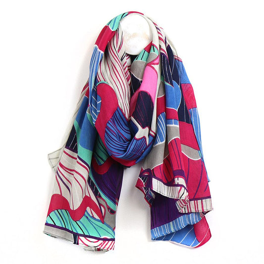 VIBRANT PINK/COBALT/NAVY MIX TROPICAL FLOWER BAMBOO VISCOSE SCARF