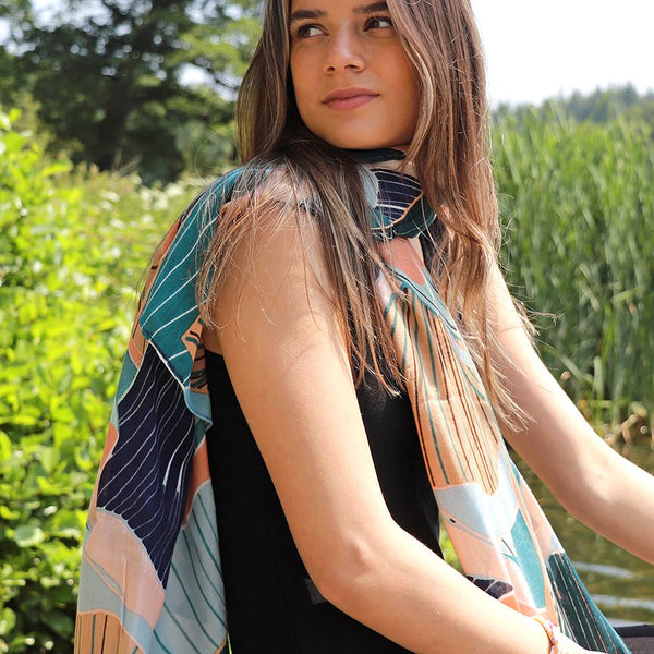 Bamboo Viscose Aqua & Navy Tropical Scarf