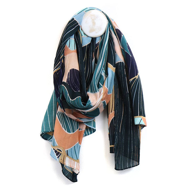 Bamboo Viscose Aqua & Navy Tropical Scarf