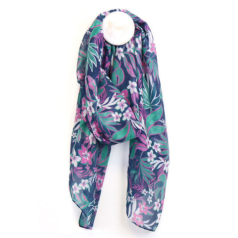 TEAL/PURPLE TROPICAL VINES PRINT REPREVE SCARF