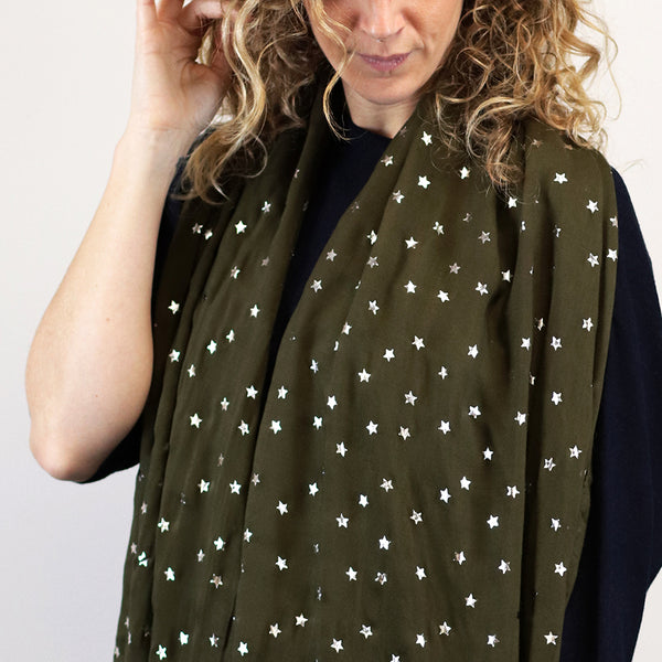 Deep Pine Green Viscose Scarf With Silver Star