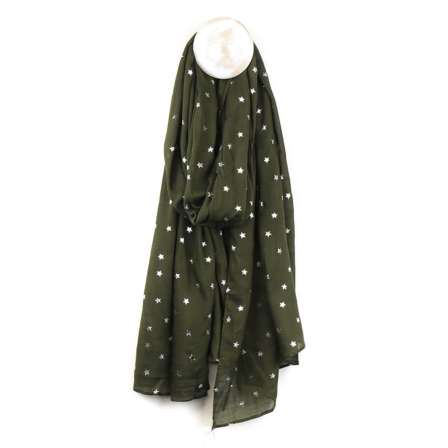 Deep Pine Green Viscose Scarf With Silver Star