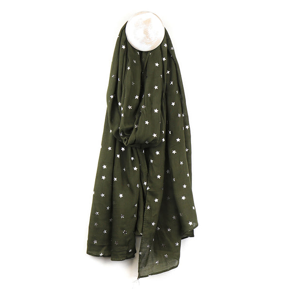 Deep Pine Green Viscose Scarf With Silver Star