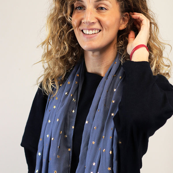 Denim Blue Viscose Scarf With Gold Star