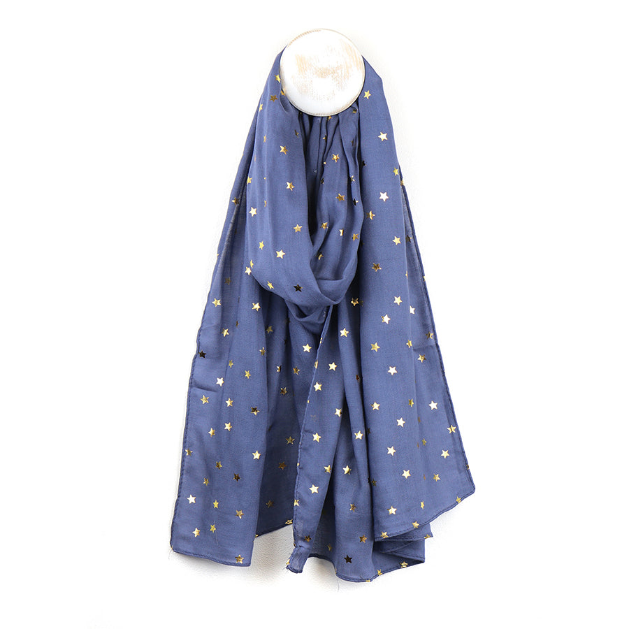 Denim Blue Viscose Scarf With Gold Star