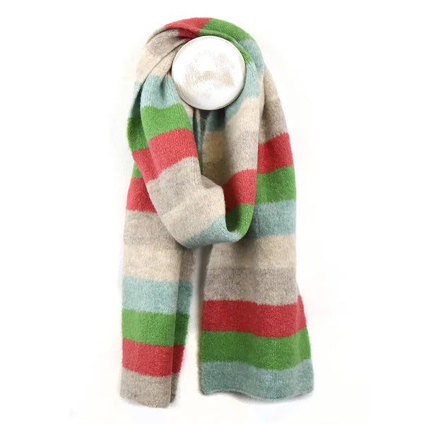 Beige/Red/Green Striped Knitted Scarf