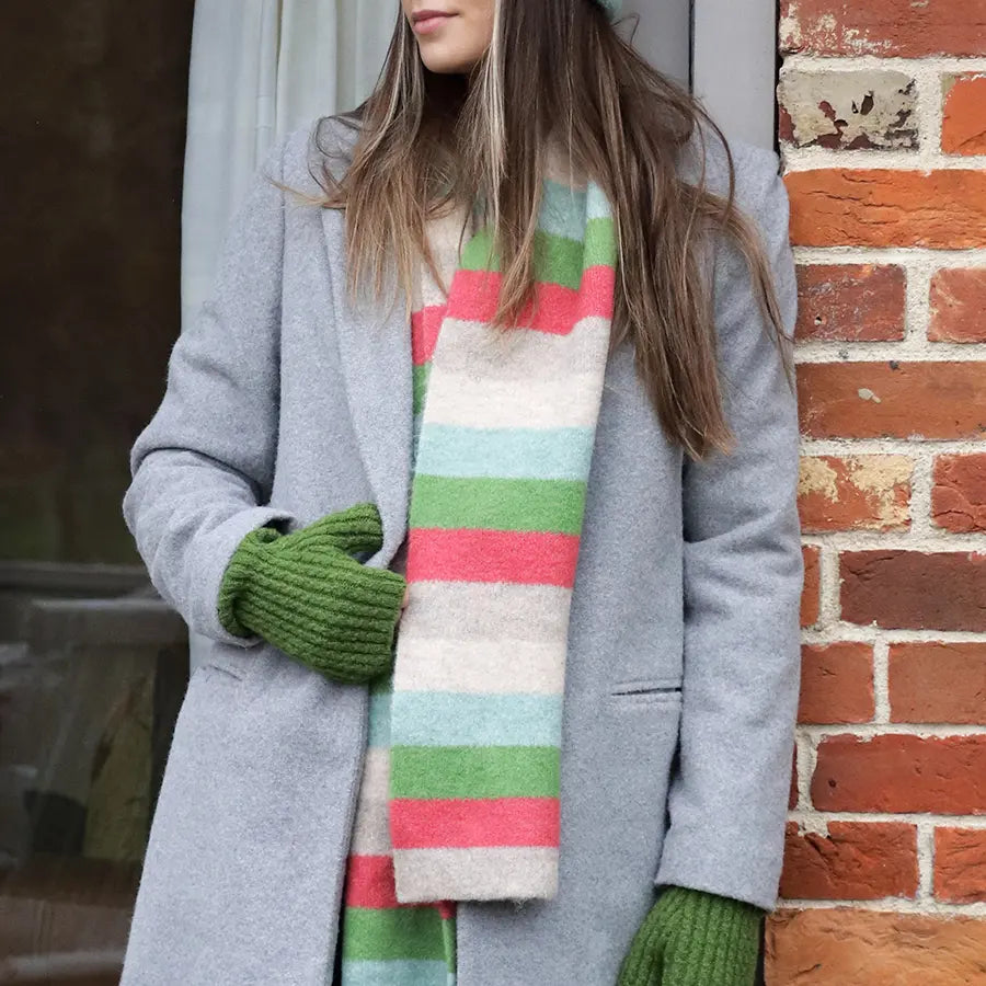 Beige/Red/Green Striped Knitted Scarf