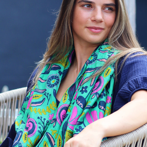 Organic cotton green mix abstract meadow print scarf
