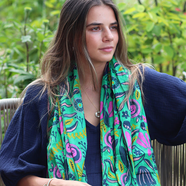 Organic cotton green mix abstract meadow print scarf