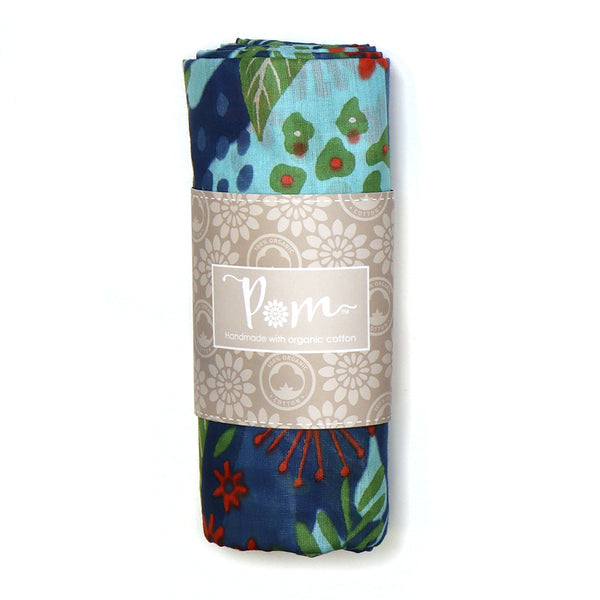 Organic cotton blue and green mix botanical print scarf