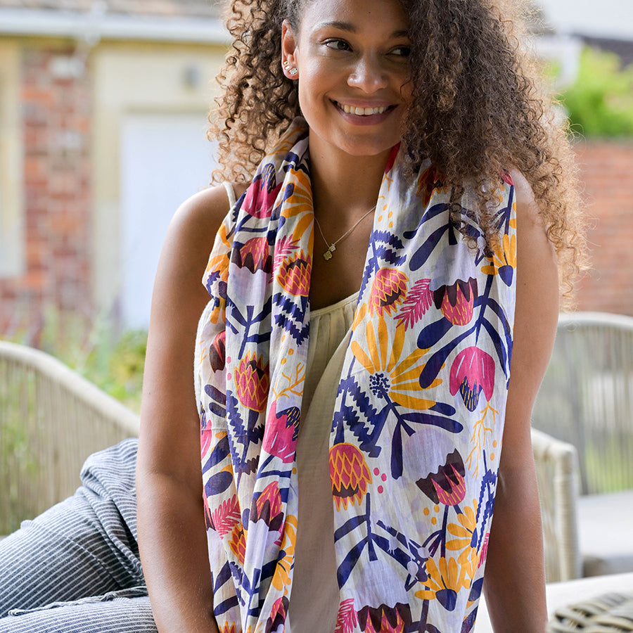 Organic cotton mustard and navy meadow print scarf