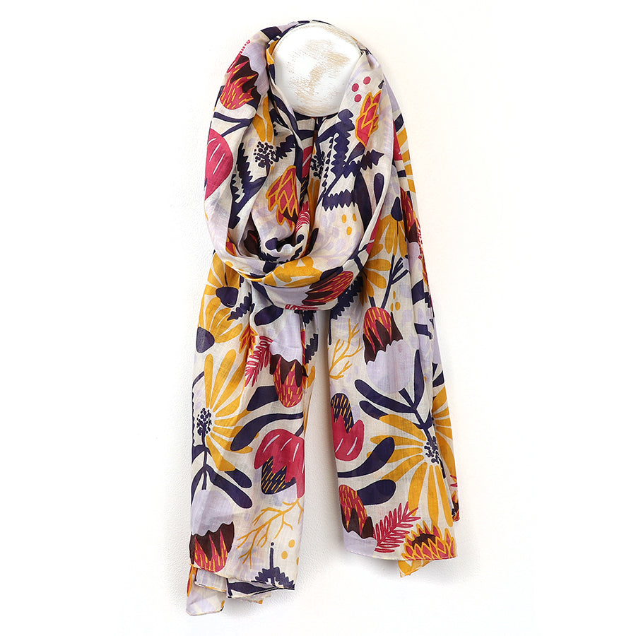 Organic cotton mustard and navy meadow print scarf