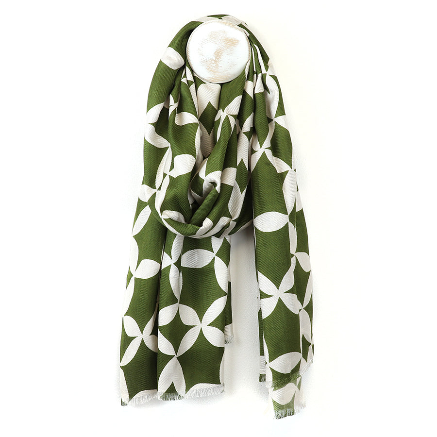 Bamboo green and white geo print scarf