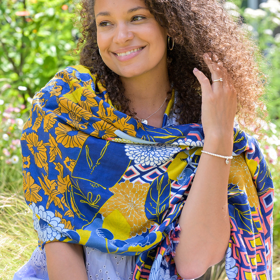 Bamboo blue mix dahlia multi print scarf