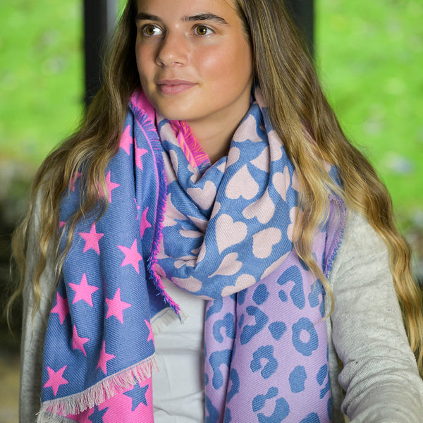 Reversible Blue & Pink Star, Heart & Leopard Print Scarf