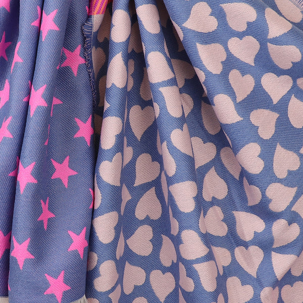 Reversible Blue & Pink Star, Heart & Leopard Print Scarf