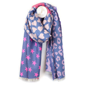 Reversible Blue & Pink Star, Heart & Leopard Print Scarf