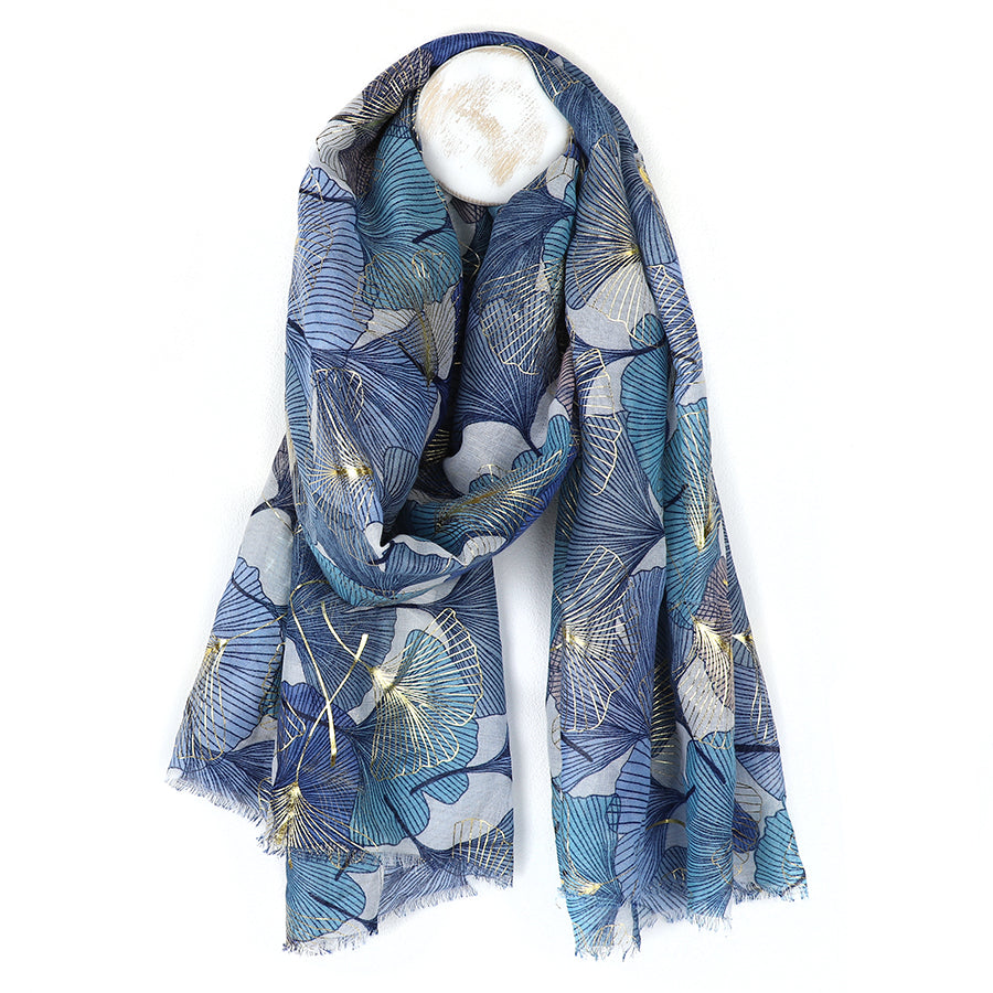 Blue Ginko Leaf Scarf With Gold Foil Overprint