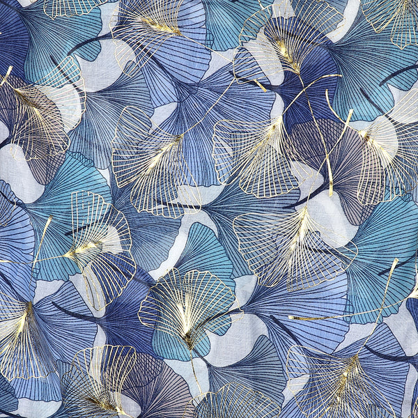 Blue Ginko Leaf Scarf With Gold Foil Overprint