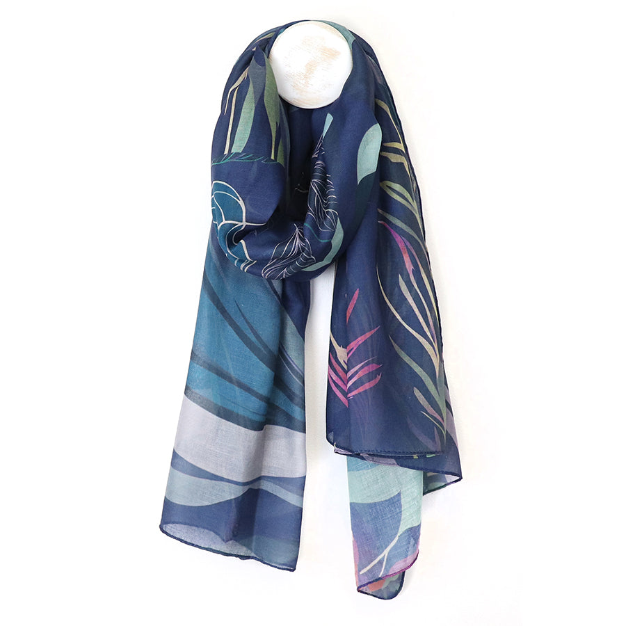 Navy & Purple Multi Abstract Leaves Print Scarf