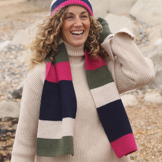 Khaki, Pink & Navy Colour Block Stripe Scarf