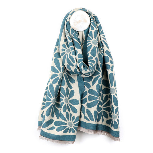 Dusky Blue & Ecru Floral Reversible Jacquard Scarf