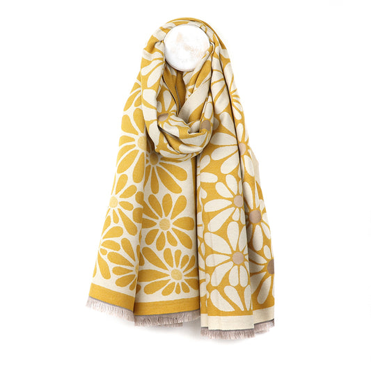 Mustard & Ecru Floral Reversible Jacquard Scarf