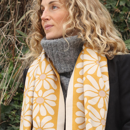 Mustard & Ecru Floral Reversible Jacquard Scarf