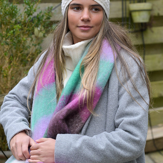 Lilac & Aqua Fluffy Winter Checked Scarf