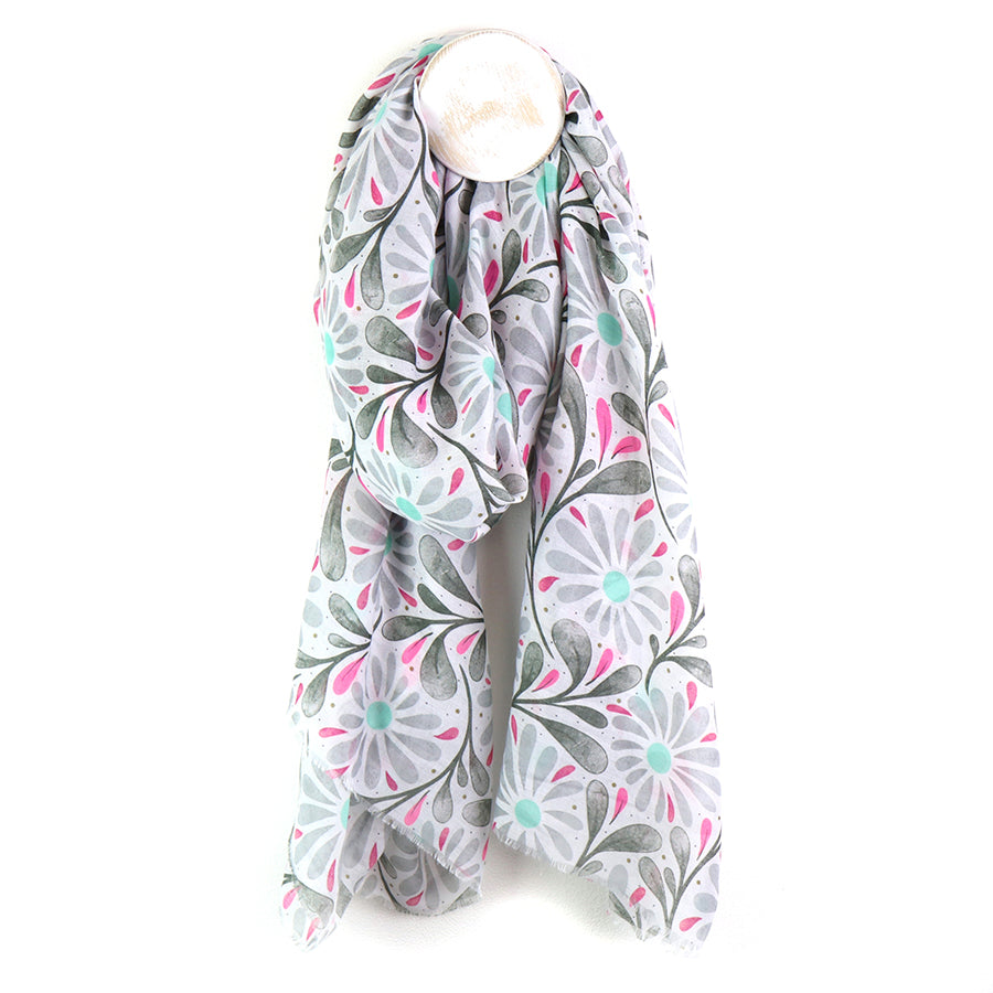 Lilac|Grey Daisies On Off White Printed Scarf
