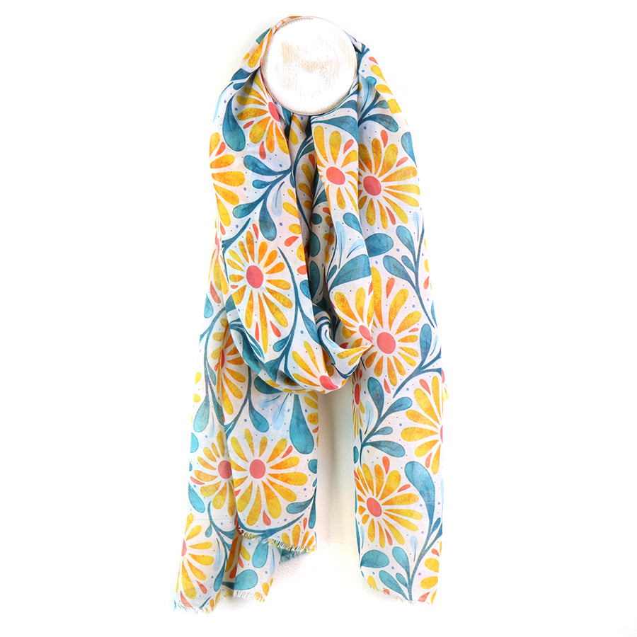 Yellow|Blue Daisies On Off White Printed Scarf