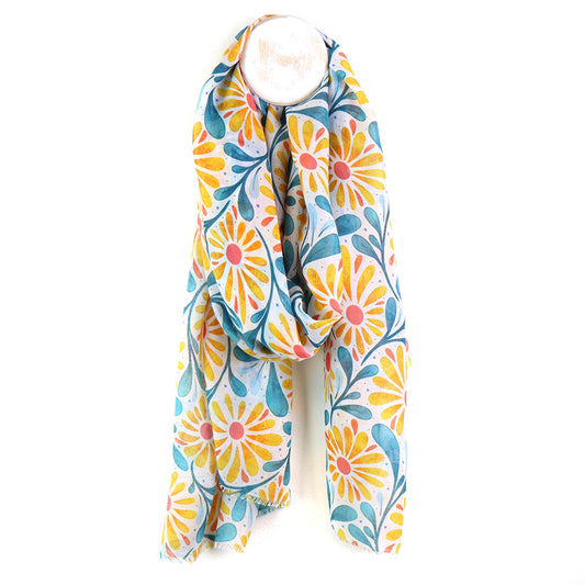Yellow|Blue Daisies On Off White Printed Scarf