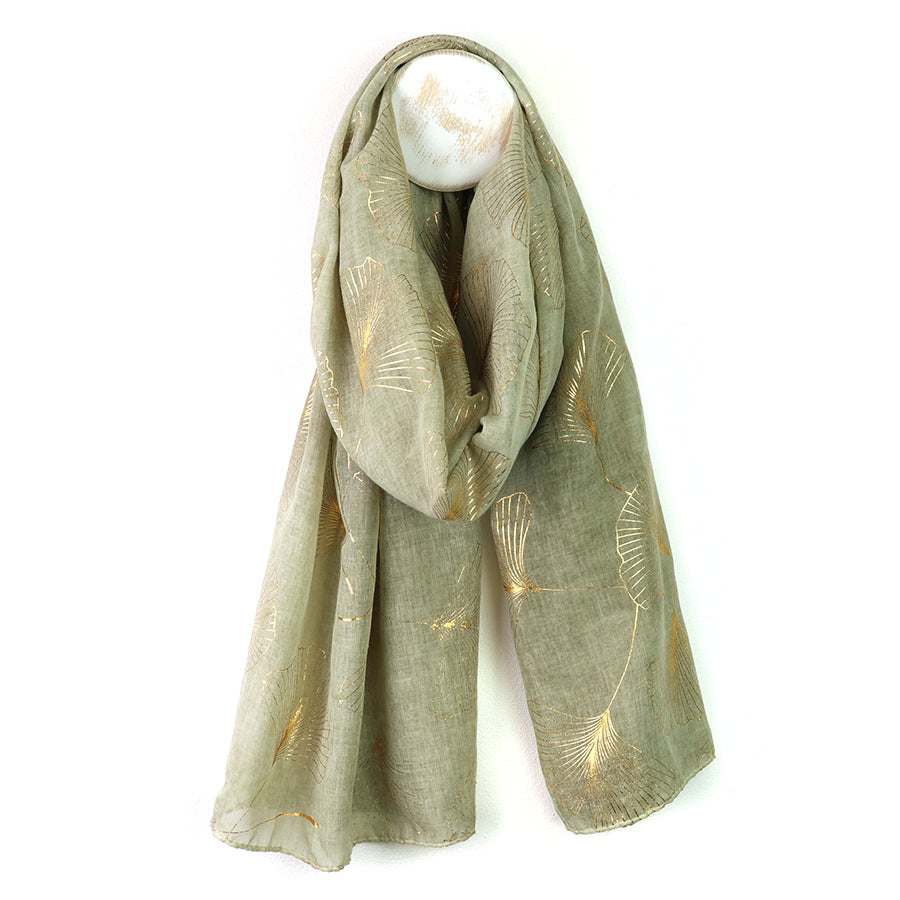 Muted Olive Green Gold Foil Ginko Leaf Scarf