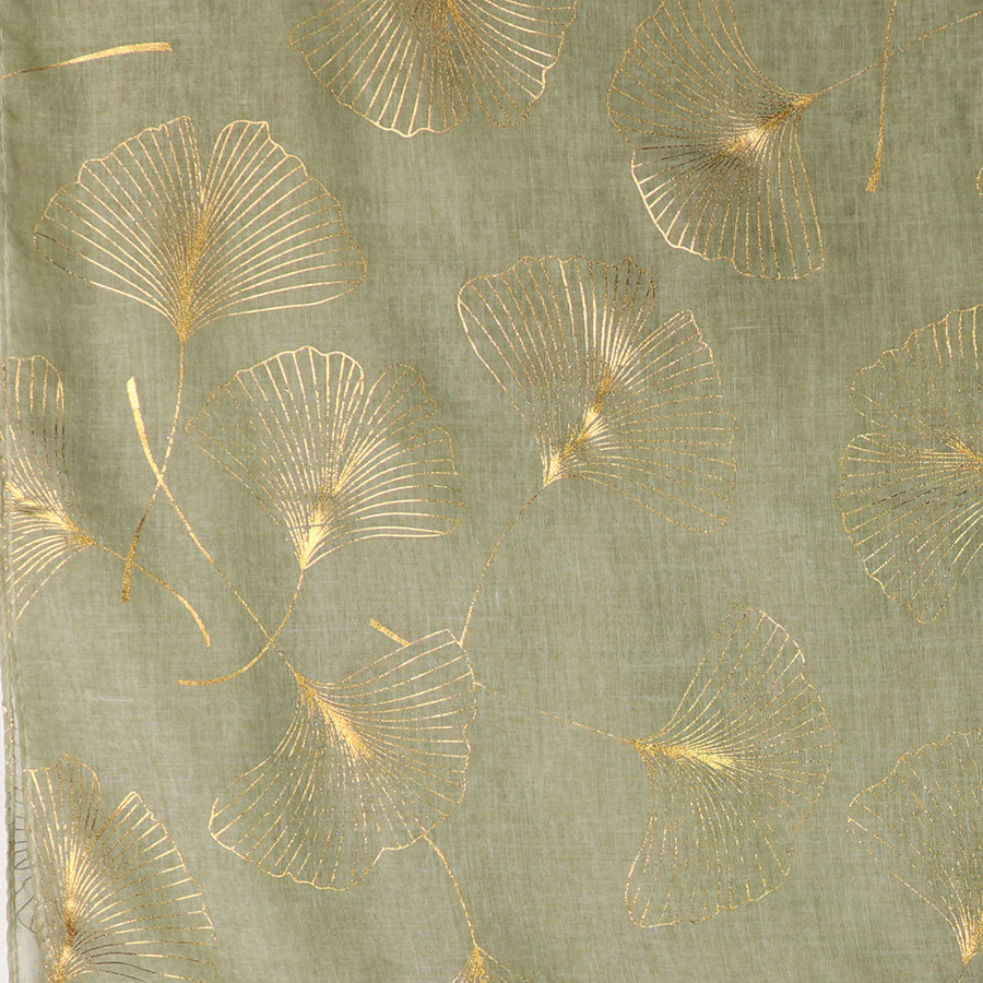 Muted Olive Green Gold Foil Ginko Leaf Scarf